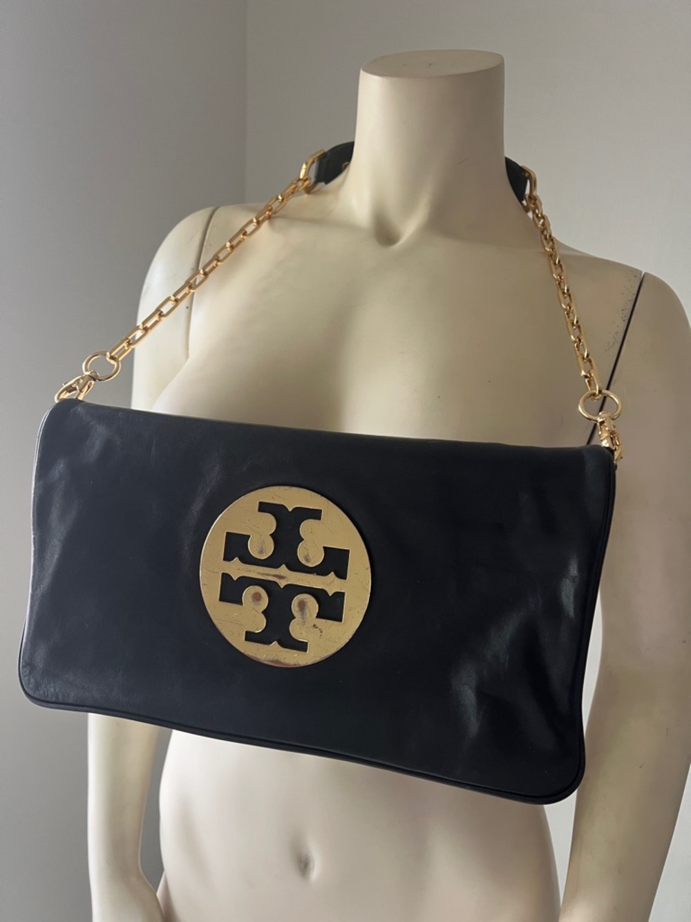 Tory Burch Reva Logo Black Shoulder Bag Clutch Chan Link Detachable Strap.
